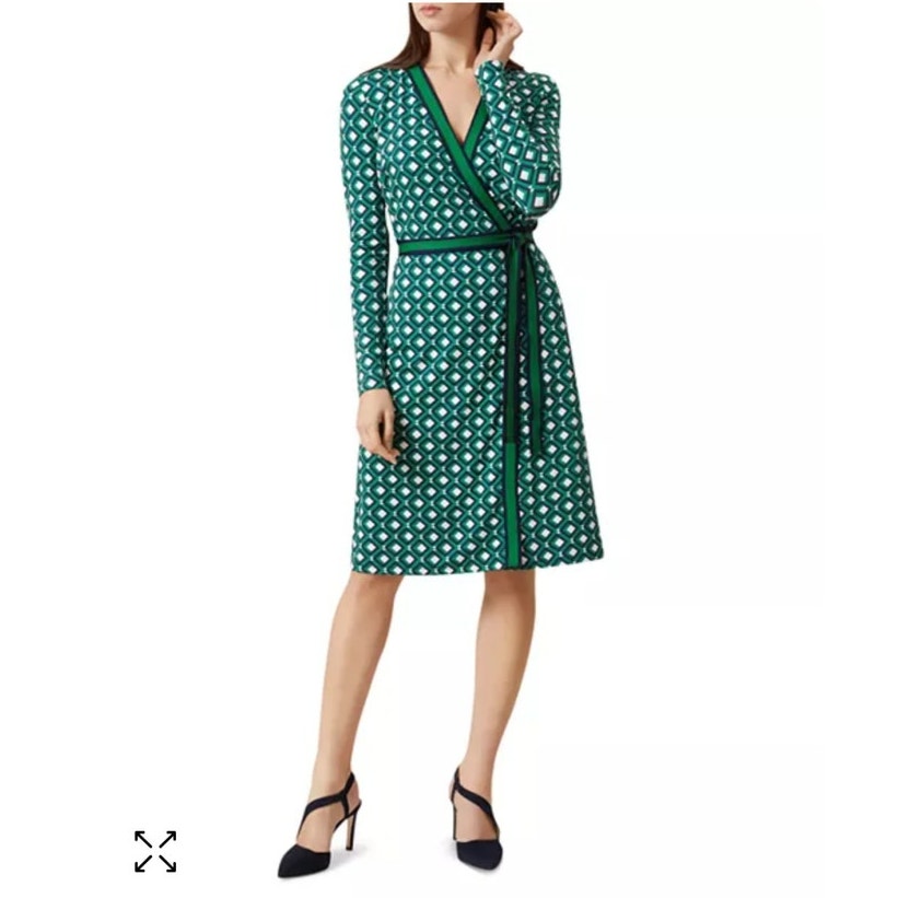 Hobbs London Jasmine Printed Wrap Dress Blue/ Green Geometric Print Size 4